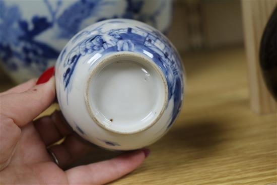 A Chinese blue and white bowl, two plates and two teabowls tallest 17.5cm